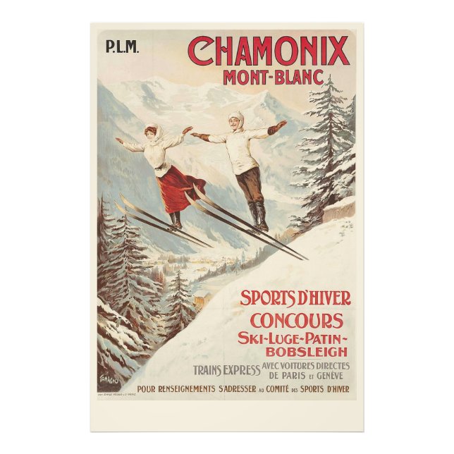 Chamonix Mont Blanc Vintages französisches Skipost Fotodruck (Vorne)