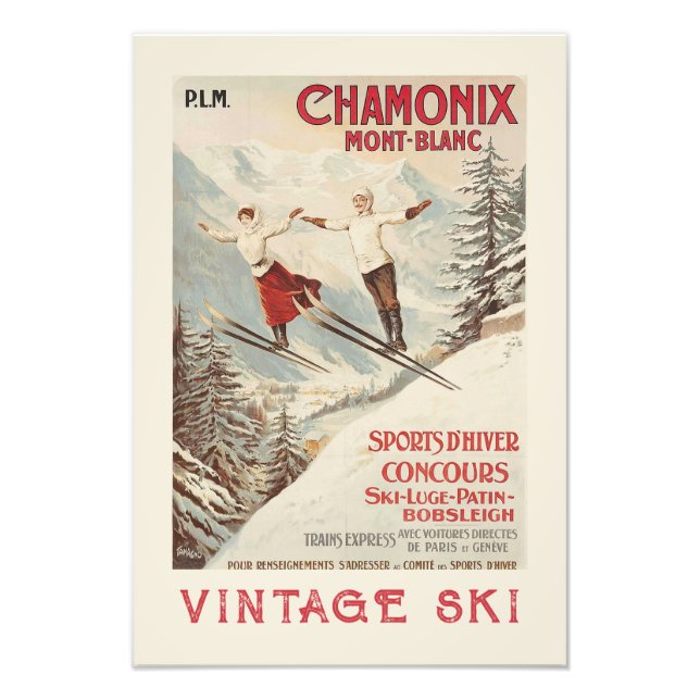 Chamonix Mont Blanc Vintages französisches Skipost Fotodruck (Vorne)