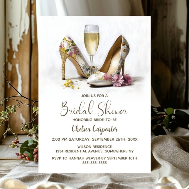 Champagne and Floral High Heel Shoes Einladung (Von Creator hochgeladen)