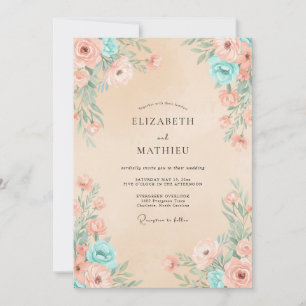 Champagne-Aqua-Blüten-Hochzeit Einladung
