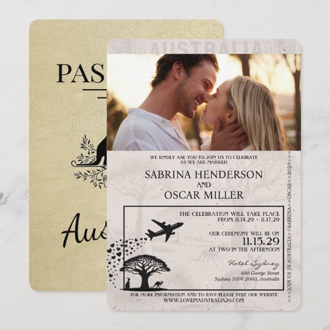 Champagne Australia Passport Wedding Einladung (Vorne/Hinten)
