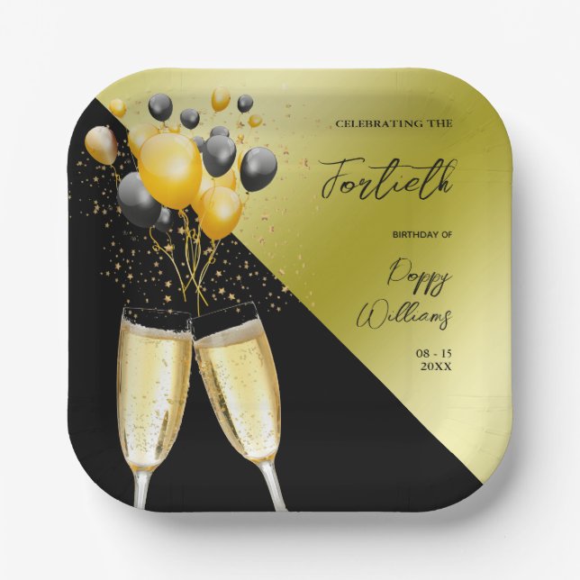 Champagne & Balloons 40. Geburtstag Pappteller (Vorderseite)
