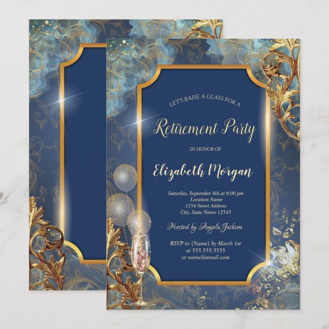 Champagne Balloons Retro-Gold-Frame-Rente Einladung (Vorne/Hinten)