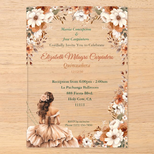 Champagne Beige Boho Quinceañera Acryleinladungen (Vorderseite)
