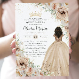 Champagne Beige Cream Floral Princess Quinceañera Einladung