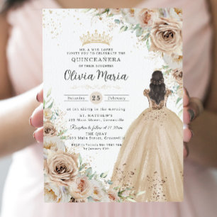 Champagne Beige Cream Floral Princess Quinceañera Einladung