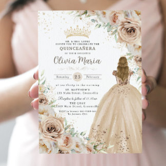 Champagne Beige Cream Floral Princess Quinceanera Einladung