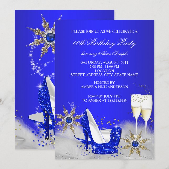 Champagne Birthday Party Royal Blue High Heels Einladung (Vorne/Hinten)