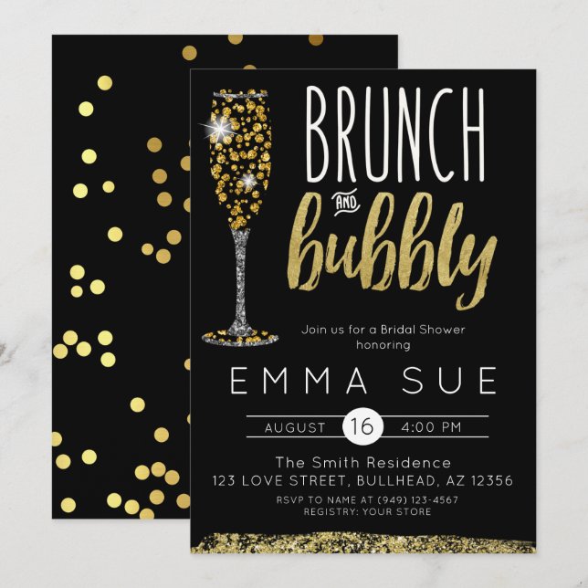 Champagne Black Gold Brunch & Bubbly Brautparty Einladung (Vorne/Hinten)