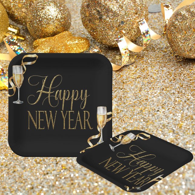 Champagne Black & Gold Silvester Party Pappteller (Wow your guests with our elegant New Year's Party Paper Plates!)