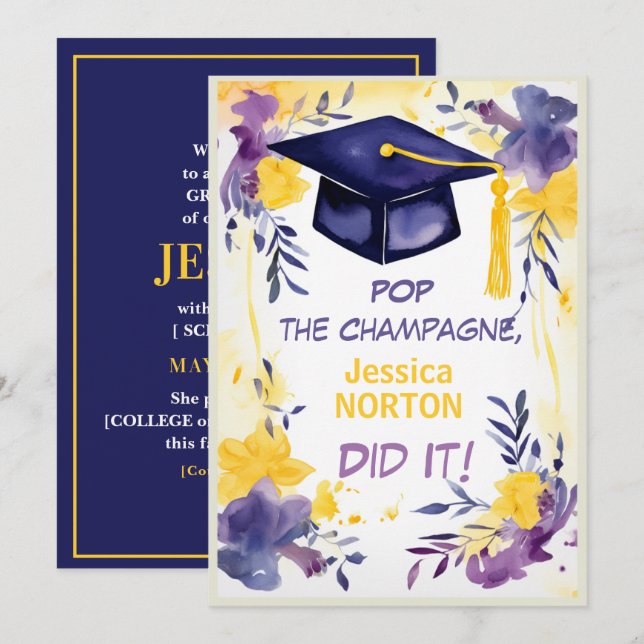 🎓Champagne Blooms Graduation  Einladung (Vorne/Hinten)