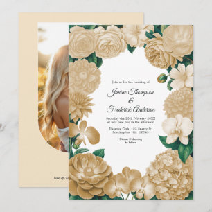 Champagne-Blumen-Foto-und-QR-Code-Hochzeit Einladung