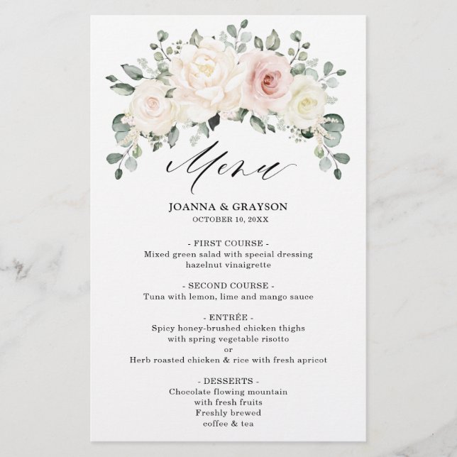 Champagne Blush Ivory Floral Greenery Menu Mariage (Devant)