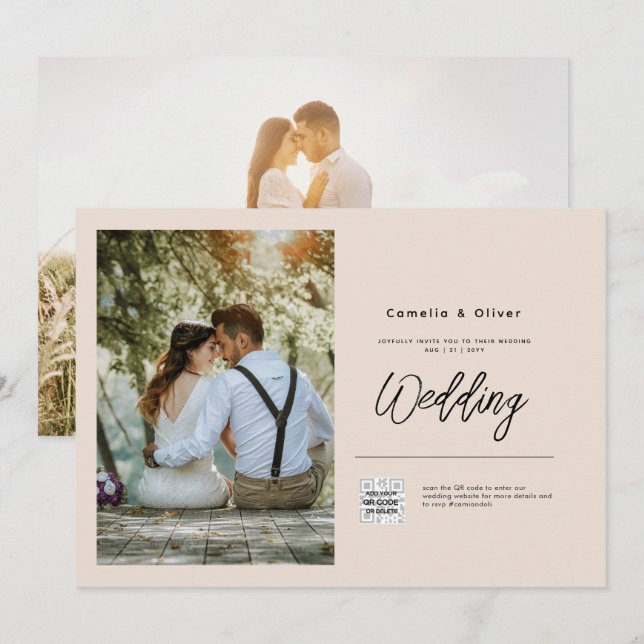 Champagne Blush PHOTO Faire-part de mariage QR Cod (Devant / Derrière)
