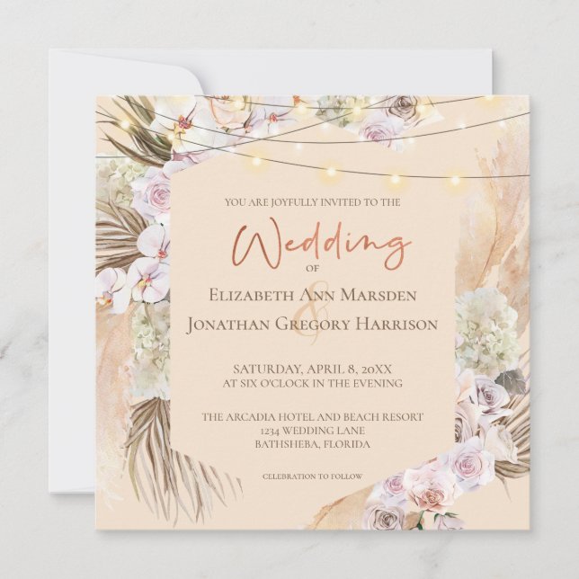 Champagne Blush & Terracotta Pampas Grass Floral Einladung (Vorderseite)