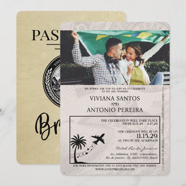Champagne Brazil Passport Wedding Einladung (Vorne/Hinten)