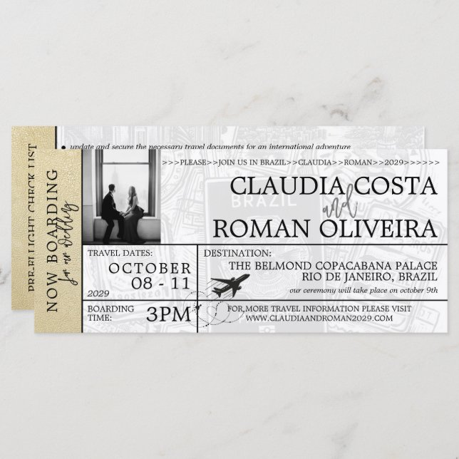 Champagne Brésil Mariage Boarding Pass Invitation (Devant / Derrière)