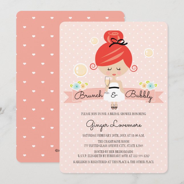 Champagne Bridal Douche Invitation Tête rouge (Devant / Derrière)