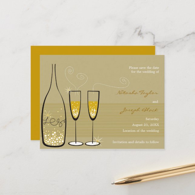 Champagne Bubbles Celebration Save the Date Ankündigungspostkarte (Vorderseite/Rückseite Beispiel)