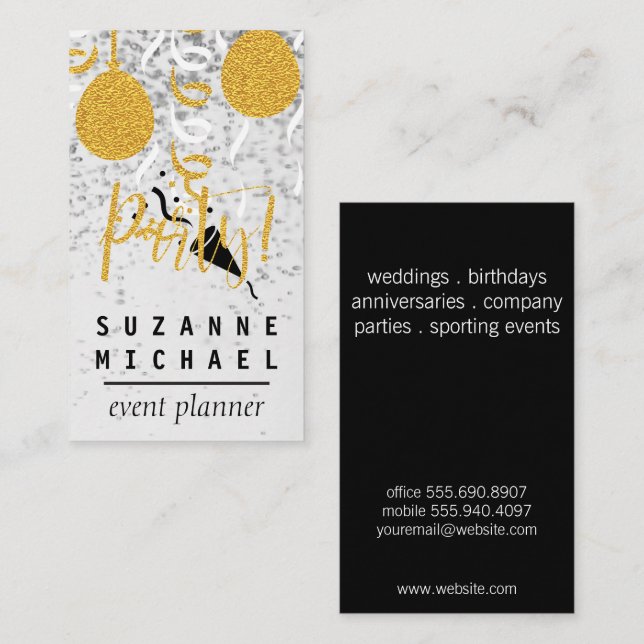 Champagne Bubbles Confetti Party | Gold-Party Visitenkarte (Vorne/Hinten)
