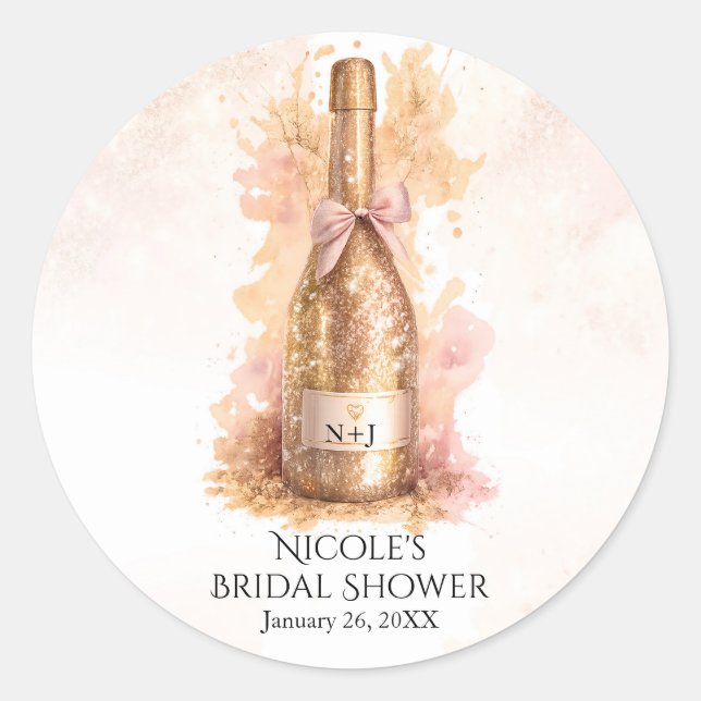 Champagne Bubbly & Gold Glitter Bridal Shower Runder Aufkleber (Vorderseite)