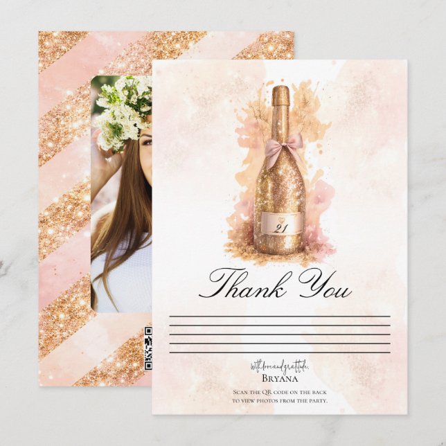 Champagne Bubbly & Gold Glitter Thank You Card Einladung (Vorne/Hinten)