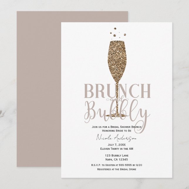 Champagne Bubbly Pink Beige Brautparty Brunch Einladung (Vorne/Hinten)