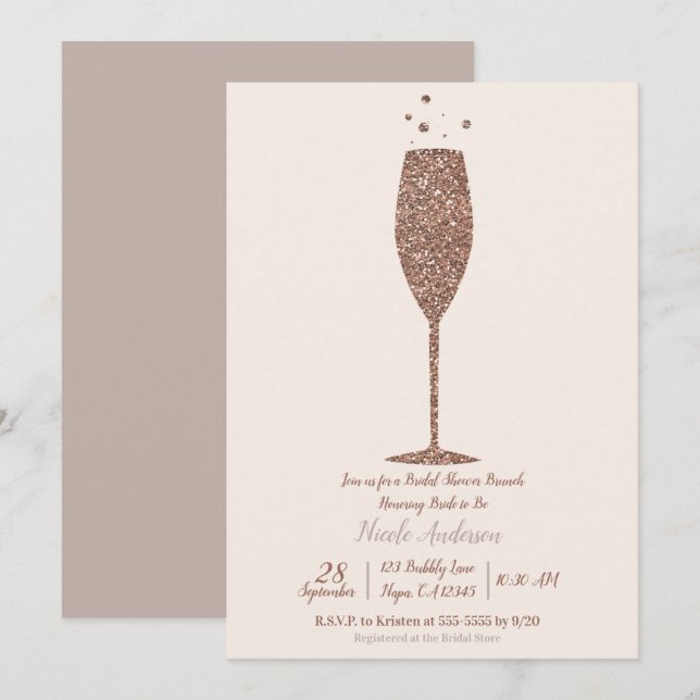 Champagne Bubbly Rose Gold Brautparty Brunch Einladung (Vorne/Hinten)