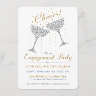 Champagne Cheer Fiançailles Invitation Argent Or