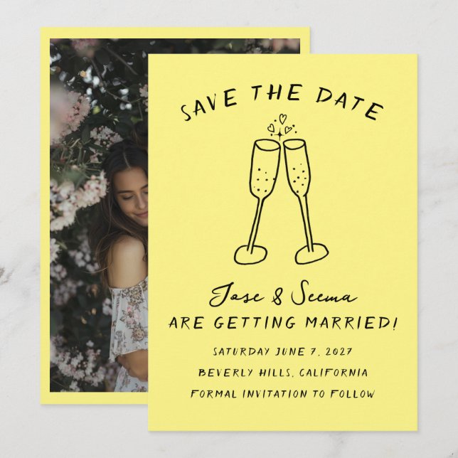 Champagne Cheers Handgezeichnetes FOTO Save The Date (Vorne/Hinten)