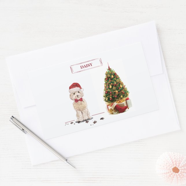 Champagne Cockapoo Funny Christmas Dog mit Tree Rechteckiger Aufkleber (Umschlag)