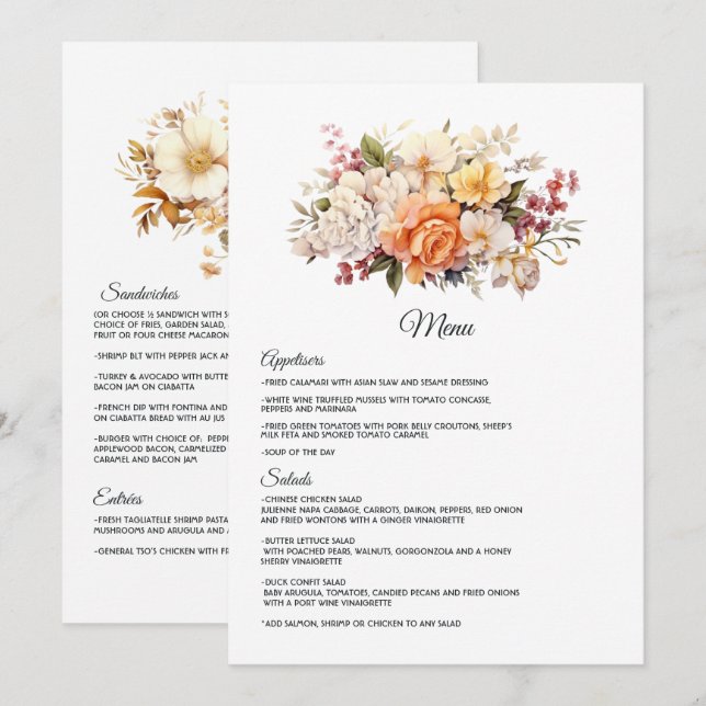 Champagne Colored Floral Wedding Menükarte (Vorne/Hinten)