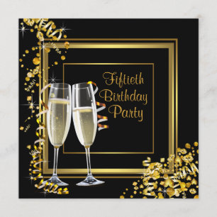 Champagne Confetti Black Gold 50. Geburtstagsparty Einladung