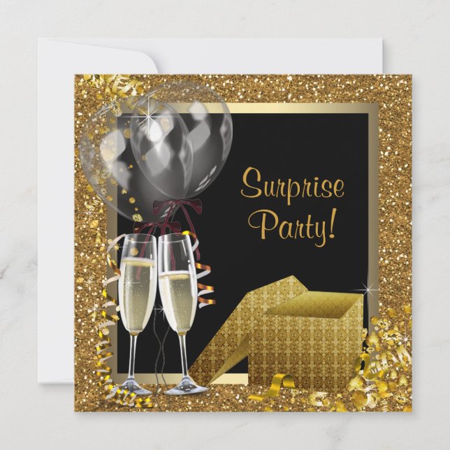 Champagne Confetti Black Gold Überraschung Party Einladung (Vorderseite)