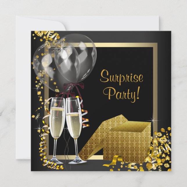Champagne Confetti Black Gold Überraschung Party Einladung (Vorderseite)