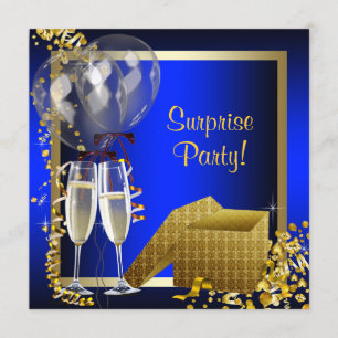 Champagne Confetti Blue und Gold Überraschung Part Einladung