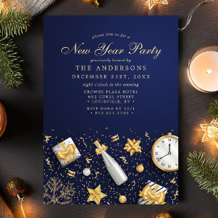 Champagne Confetti Gold Navy Blue New Year Partys Einladung