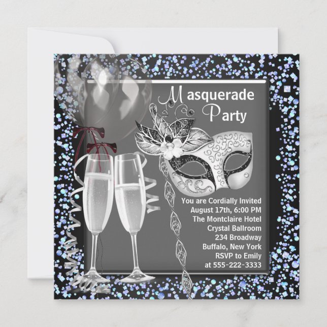 Champagne Confetti Silver Black Masquerade Party Einladung (Vorderseite)