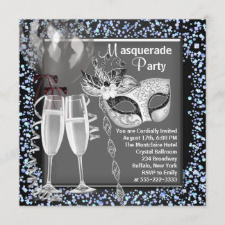 Champagne Confetti Silver Black Masquerade Party Einladung