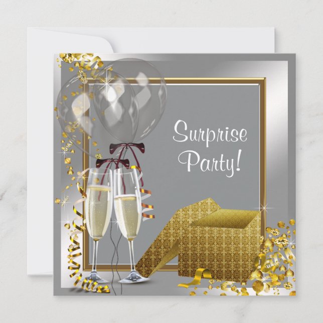Champagne Confetti Silver und Gold Überraschung Pa Einladung (Vorderseite)