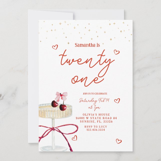 Champagne Coupe Cherry Heart Birthday Invitation (Devant)