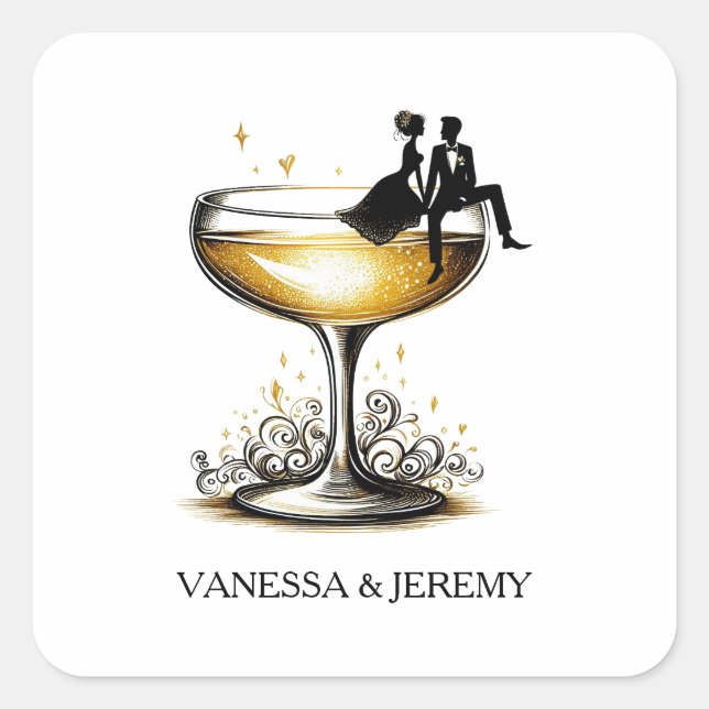 Champagne Couple Quadratischer Aufkleber (Vorderseite)