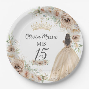 Champagne Cream Beige Floral Prinzessin Quinceañer Pappteller