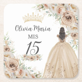 Champagne Cream Beige Floral Prinzessin Quinceañer Rechteckiger Pappuntersetzer