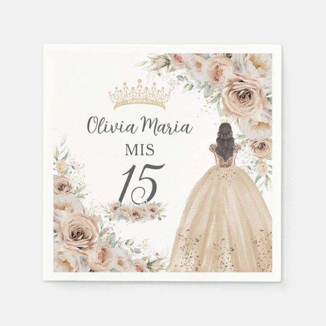 Champagne Cream Beige Floral Prinzessin Quinceañer Serviette (Vorderseite)