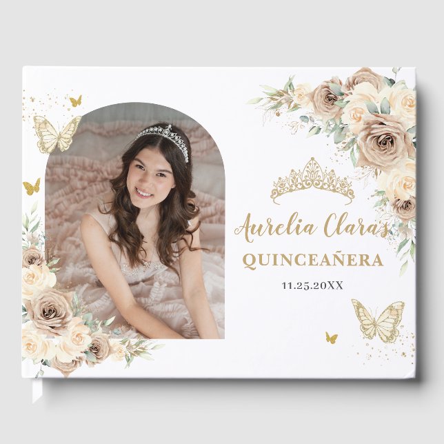 Champagne Cream Floral Butterfells Quinceañera Gästebuch (Vorderseite)