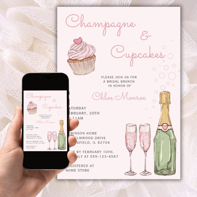 Champagne & Cupcakes Modernes Rosa Bridal Luncheon Einladung (Von Creator hochgeladen)