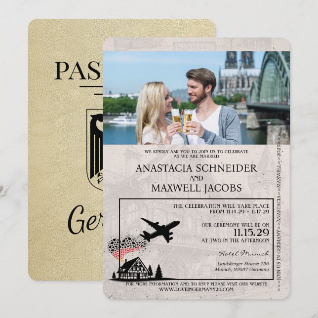 Champagne Deutschland Pass Einladung zur Hochzeit (Vorne/Hinten)