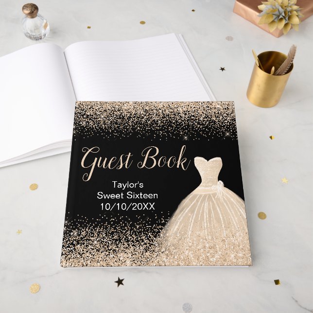 Champagne Dress Faux Glitter Sweet 16 Birthday Gästebuch (Vorderseite offen)