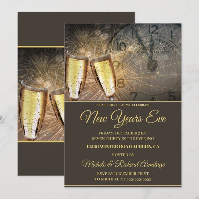 Champagne élégant et horloge Nouvel An Invitation (Devant / Derrière)